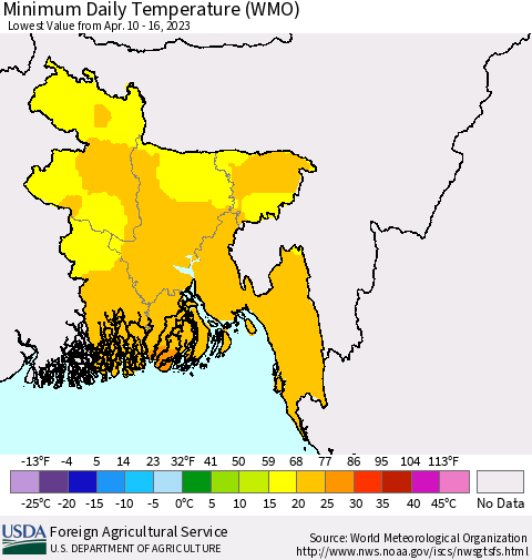 Bangladesh Minimum Daily Temperature (WMO) Thematic Map For 4/10/2023 - 4/16/2023