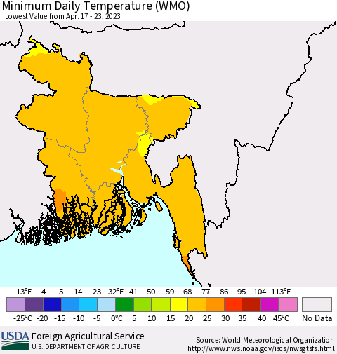 Bangladesh Minimum Daily Temperature (WMO) Thematic Map For 4/17/2023 - 4/23/2023
