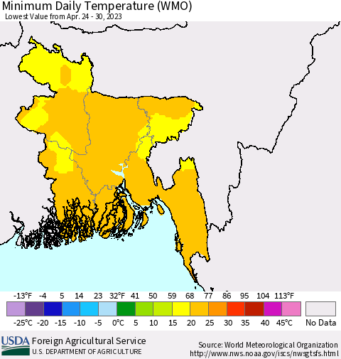 Bangladesh Minimum Daily Temperature (WMO) Thematic Map For 4/24/2023 - 4/30/2023