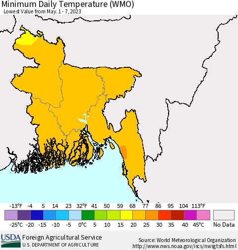 Bangladesh Minimum Daily Temperature (WMO) Thematic Map For 5/1/2023 - 5/7/2023