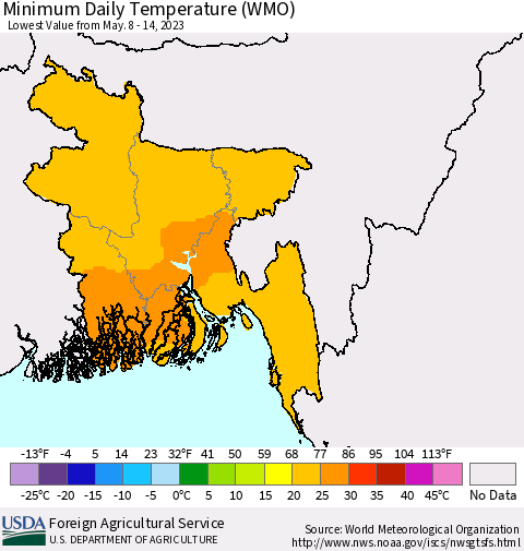 Bangladesh Minimum Daily Temperature (WMO) Thematic Map For 5/8/2023 - 5/14/2023