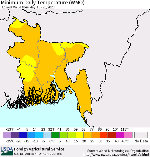 Bangladesh Minimum Daily Temperature (WMO) Thematic Map For 5/15/2023 - 5/21/2023