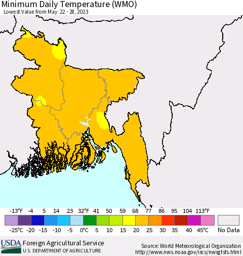Bangladesh Minimum Daily Temperature (WMO) Thematic Map For 5/22/2023 - 5/28/2023