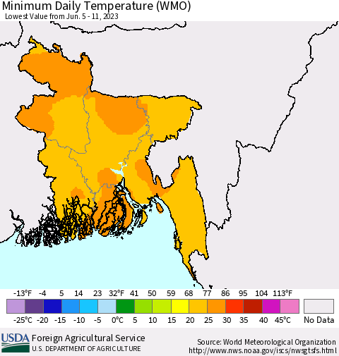 Bangladesh Minimum Daily Temperature (WMO) Thematic Map For 6/5/2023 - 6/11/2023