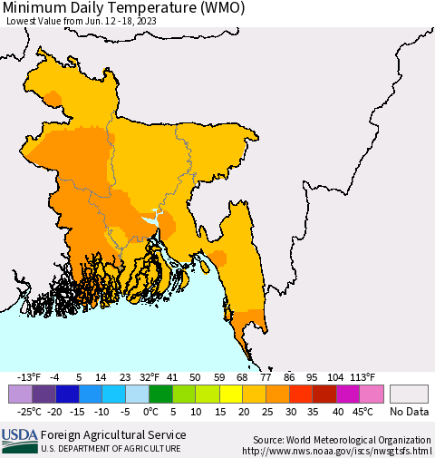 Bangladesh Minimum Daily Temperature (WMO) Thematic Map For 6/12/2023 - 6/18/2023
