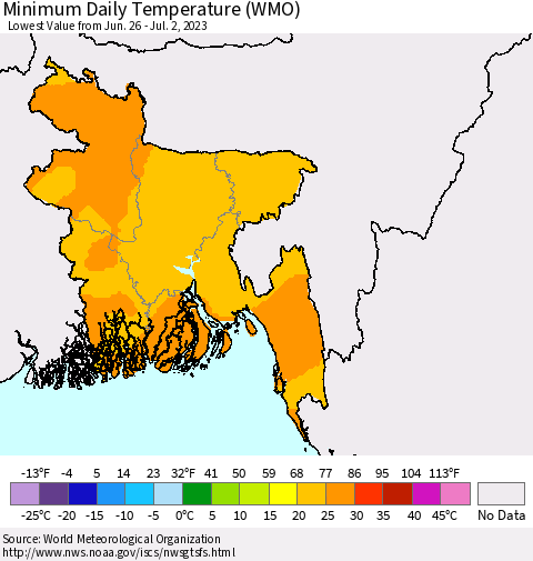 Bangladesh Minimum Daily Temperature (WMO) Thematic Map For 6/26/2023 - 7/2/2023