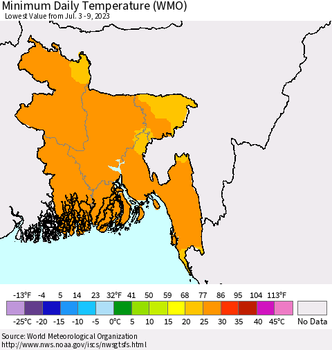 Bangladesh Minimum Daily Temperature (WMO) Thematic Map For 7/3/2023 - 7/9/2023