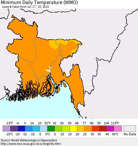 Bangladesh Minimum Daily Temperature (WMO) Thematic Map For 7/17/2023 - 7/23/2023