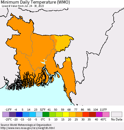 Bangladesh Minimum Daily Temperature (WMO) Thematic Map For 7/24/2023 - 7/30/2023