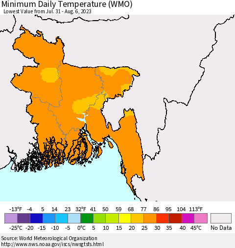 Bangladesh Minimum Daily Temperature (WMO) Thematic Map For 7/31/2023 - 8/6/2023