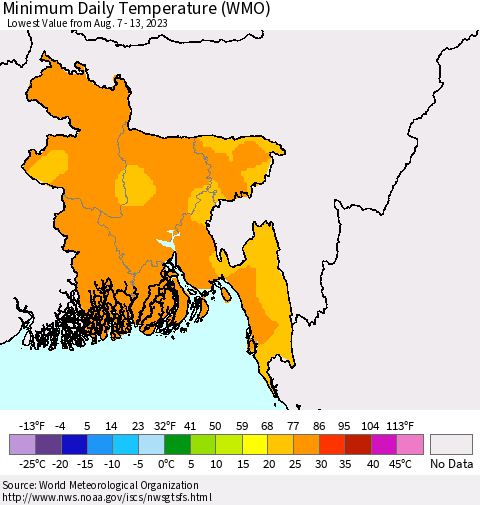 Bangladesh Minimum Daily Temperature (WMO) Thematic Map For 8/7/2023 - 8/13/2023