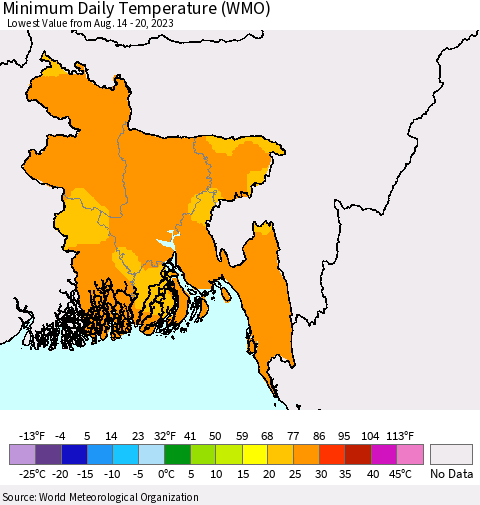 Bangladesh Minimum Daily Temperature (WMO) Thematic Map For 8/14/2023 - 8/20/2023