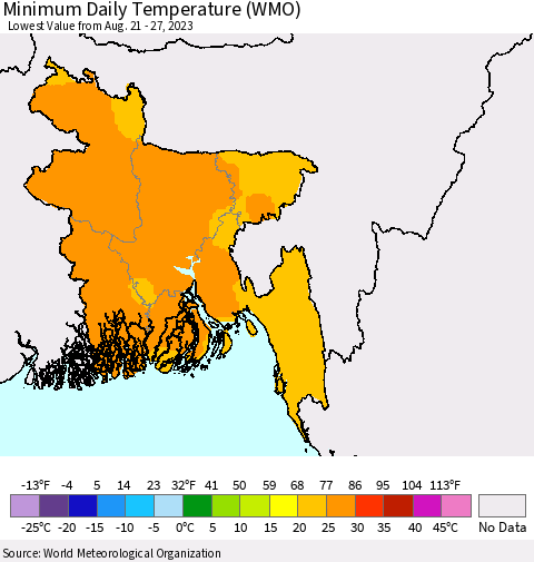 Bangladesh Minimum Daily Temperature (WMO) Thematic Map For 8/21/2023 - 8/27/2023