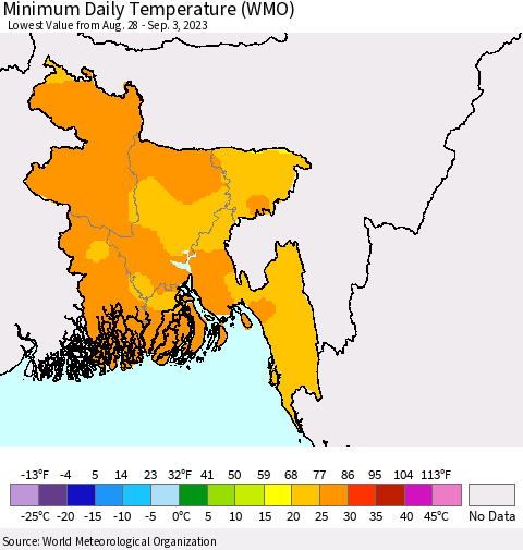 Bangladesh Minimum Daily Temperature (WMO) Thematic Map For 8/28/2023 - 9/3/2023