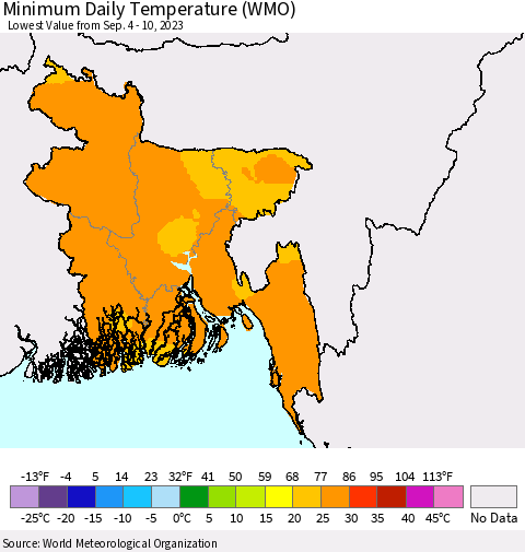 Bangladesh Minimum Daily Temperature (WMO) Thematic Map For 9/4/2023 - 9/10/2023