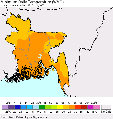 Bangladesh Minimum Daily Temperature (WMO) Thematic Map For 9/25/2023 - 10/1/2023