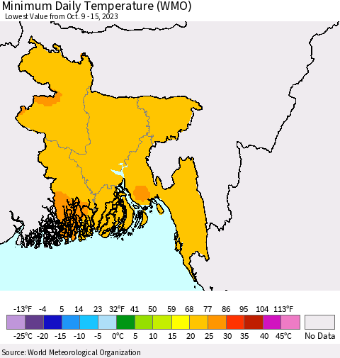 Bangladesh Minimum Daily Temperature (WMO) Thematic Map For 10/9/2023 - 10/15/2023