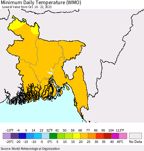 Bangladesh Minimum Daily Temperature (WMO) Thematic Map For 10/16/2023 - 10/22/2023