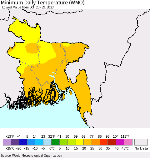 Bangladesh Minimum Daily Temperature (WMO) Thematic Map For 10/23/2023 - 10/29/2023