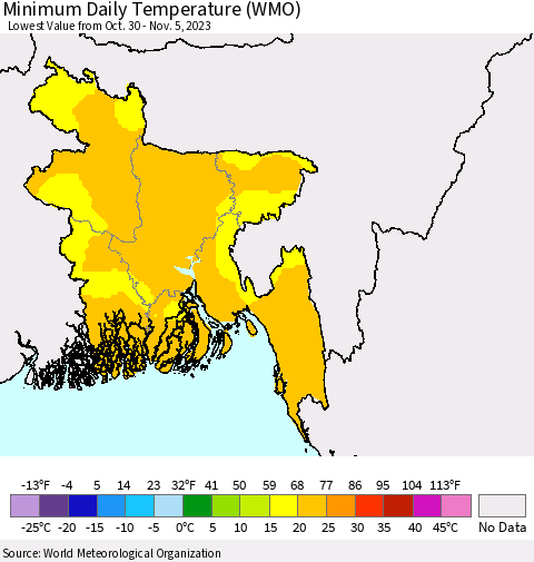 Bangladesh Minimum Daily Temperature (WMO) Thematic Map For 10/30/2023 - 11/5/2023