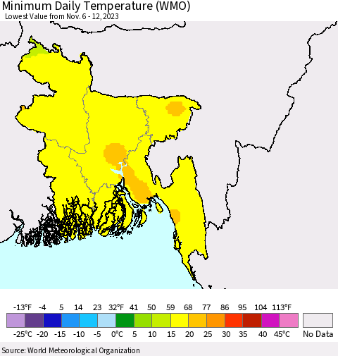 Bangladesh Minimum Daily Temperature (WMO) Thematic Map For 11/6/2023 - 11/12/2023