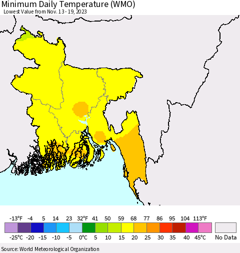 Bangladesh Minimum Daily Temperature (WMO) Thematic Map For 11/13/2023 - 11/19/2023