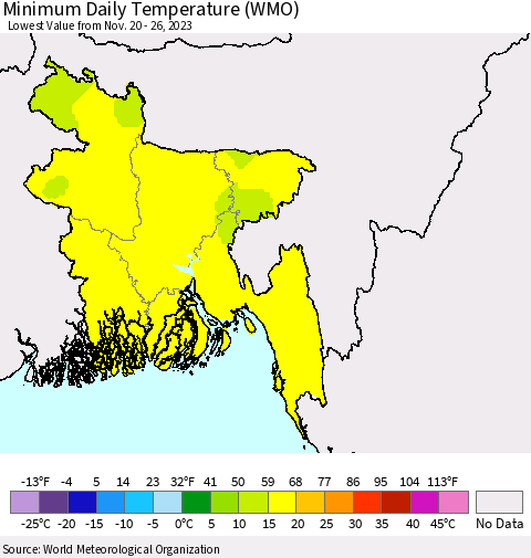 Bangladesh Minimum Daily Temperature (WMO) Thematic Map For 11/20/2023 - 11/26/2023