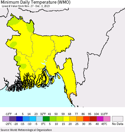 Bangladesh Minimum Daily Temperature (WMO) Thematic Map For 11/27/2023 - 12/3/2023