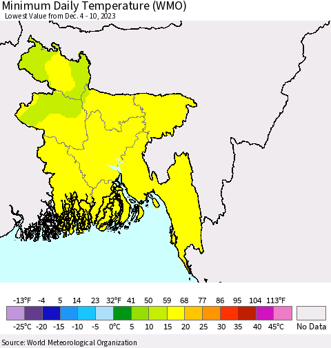 Bangladesh Minimum Daily Temperature (WMO) Thematic Map For 12/4/2023 - 12/10/2023