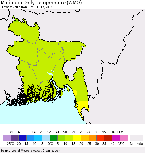 Bangladesh Minimum Daily Temperature (WMO) Thematic Map For 12/11/2023 - 12/17/2023