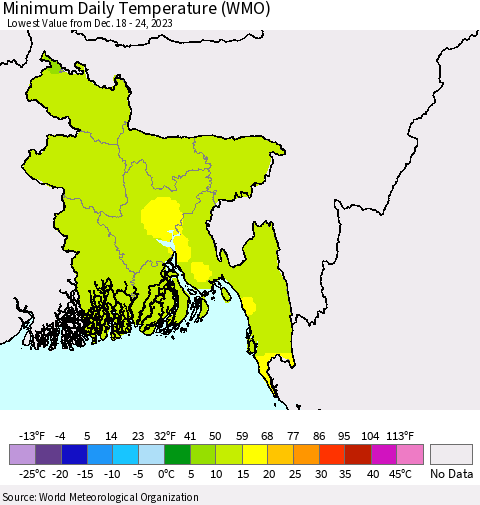 Bangladesh Minimum Daily Temperature (WMO) Thematic Map For 12/18/2023 - 12/24/2023