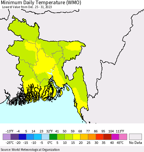 Bangladesh Minimum Daily Temperature (WMO) Thematic Map For 12/25/2023 - 12/31/2023