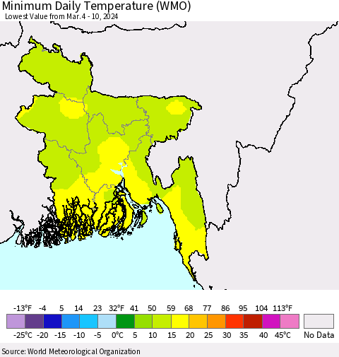 Bangladesh Minimum Daily Temperature (WMO) Thematic Map For 3/4/2024 - 3/10/2024