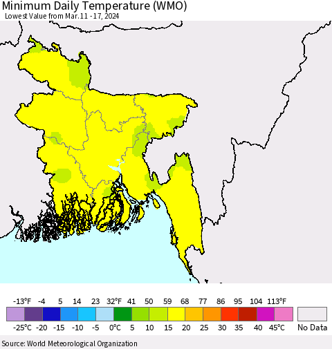 Bangladesh Minimum Daily Temperature (WMO) Thematic Map For 3/11/2024 - 3/17/2024