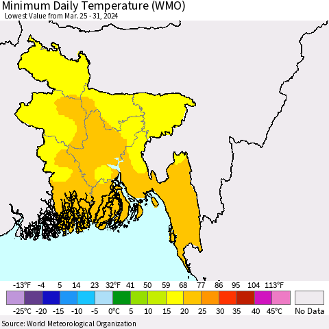 Bangladesh Minimum Daily Temperature (WMO) Thematic Map For 3/25/2024 - 3/31/2024