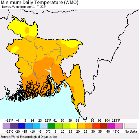 Bangladesh Minimum Daily Temperature (WMO) Thematic Map For 4/1/2024 - 4/7/2024