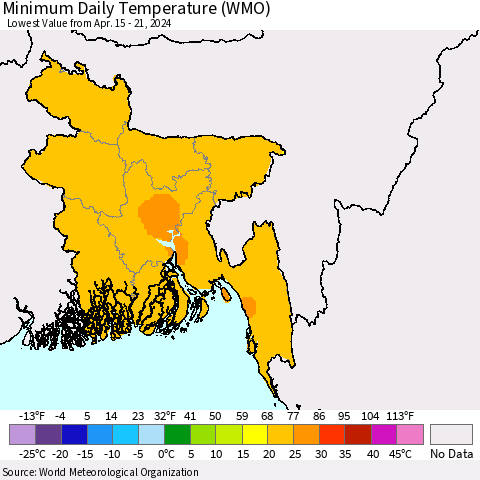 Bangladesh Minimum Daily Temperature (WMO) Thematic Map For 4/15/2024 - 4/21/2024