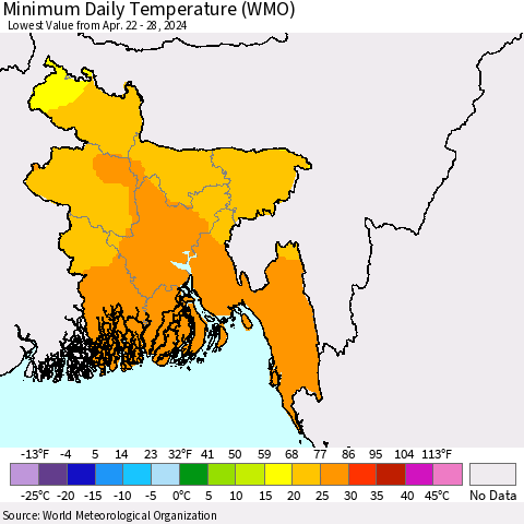 Bangladesh Minimum Daily Temperature (WMO) Thematic Map For 4/22/2024 - 4/28/2024