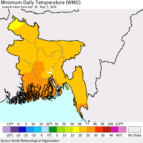 Bangladesh Minimum Daily Temperature (WMO) Thematic Map For 4/29/2024 - 5/5/2024