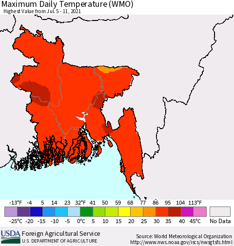 Bangladesh Maximum Daily Temperature (WMO) Thematic Map For 7/5/2021 - 7/11/2021