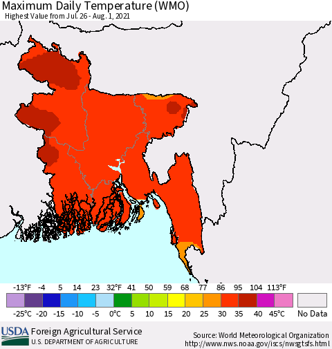 Bangladesh Maximum Daily Temperature (WMO) Thematic Map For 7/26/2021 - 8/1/2021