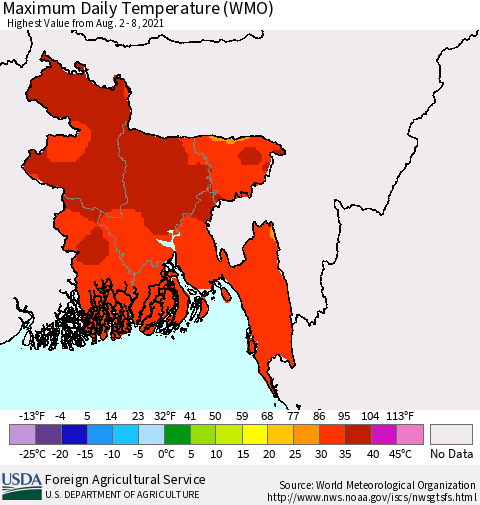 Bangladesh Maximum Daily Temperature (WMO) Thematic Map For 8/2/2021 - 8/8/2021