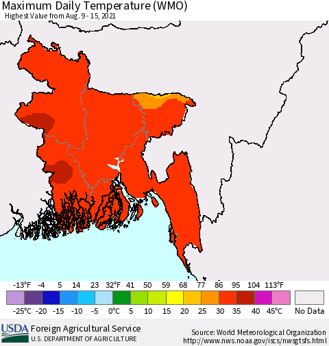 Bangladesh Maximum Daily Temperature (WMO) Thematic Map For 8/9/2021 - 8/15/2021