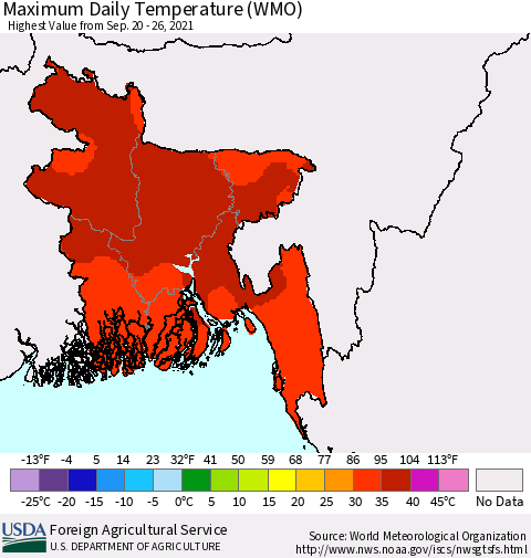 Bangladesh Maximum Daily Temperature (WMO) Thematic Map For 9/20/2021 - 9/26/2021