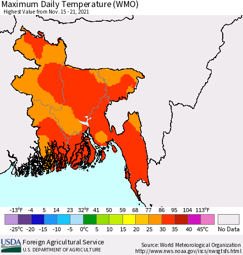Bangladesh Maximum Daily Temperature (WMO) Thematic Map For 11/15/2021 - 11/21/2021