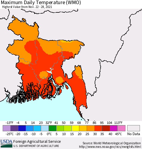Bangladesh Maximum Daily Temperature (WMO) Thematic Map For 11/22/2021 - 11/28/2021