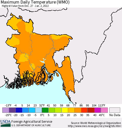 Bangladesh Maximum Daily Temperature (WMO) Thematic Map For 12/27/2021 - 1/2/2022