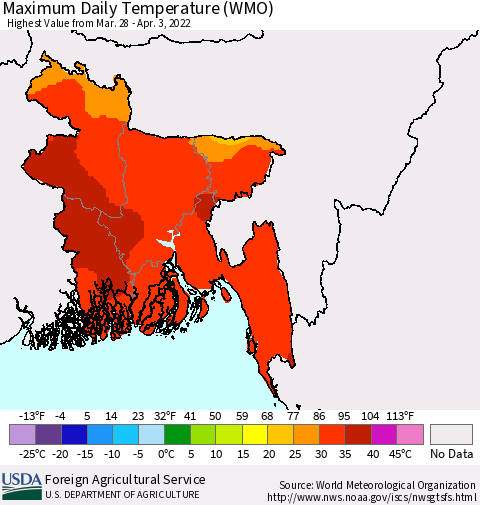 Bangladesh Maximum Daily Temperature (WMO) Thematic Map For 3/28/2022 - 4/3/2022
