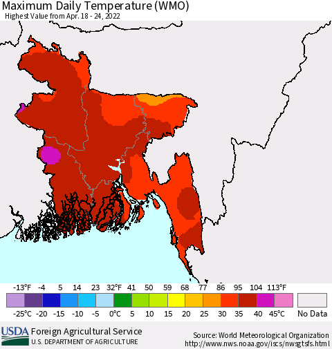 Bangladesh Maximum Daily Temperature (WMO) Thematic Map For 4/18/2022 - 4/24/2022