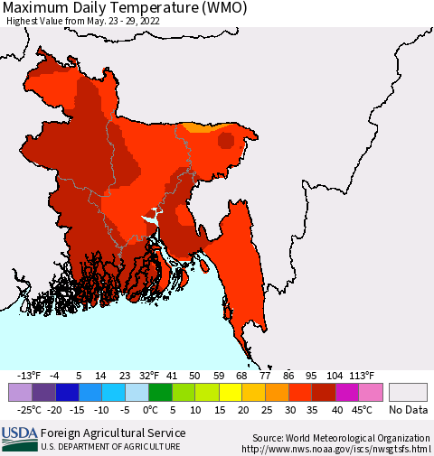 Bangladesh Maximum Daily Temperature (WMO) Thematic Map For 5/23/2022 - 5/29/2022